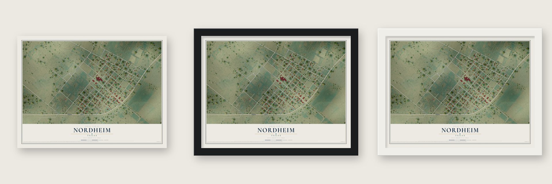 Nordheim, Texas map unframed, in a black wood frame and in a white wood frame