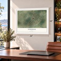 Nordheim, Texas map, 18 x 24 inch print in a white frame in a home office