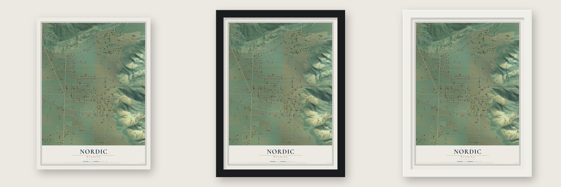 Nordic, Wyoming map unframed, in a black wood frame and in a white wood frame