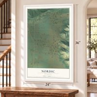 Nordic, Wyoming map, 24 x 36 inch print in a white frame by a staircase