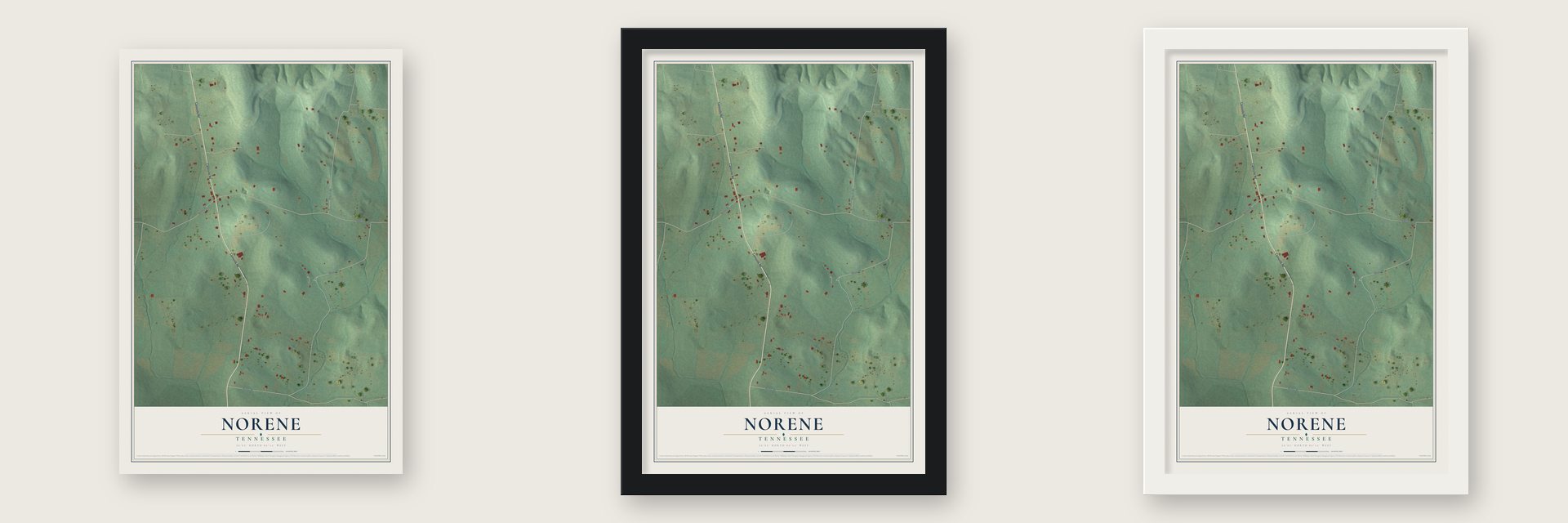 Norene, Tennessee map unframed, in a black wood frame and in a white wood frame