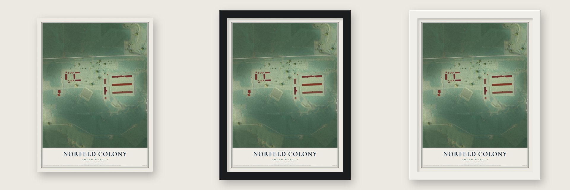 Norfeld Colony, South Dakota map unframed, in a black wood frame and in a white wood frame