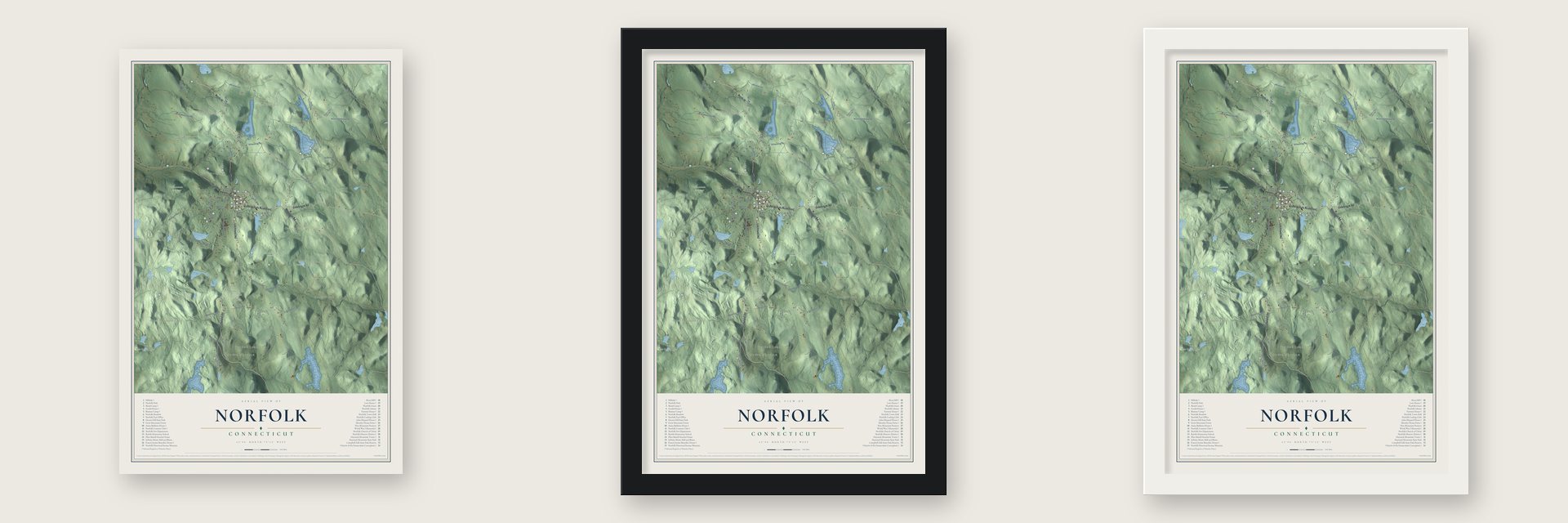 Norfolk, Connecticut map unframed, in a black wood frame and in a white wood frame