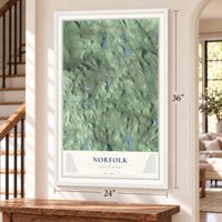 Norfolk, Connecticut map, 24 x 36 inch print in a white frame by a staircase