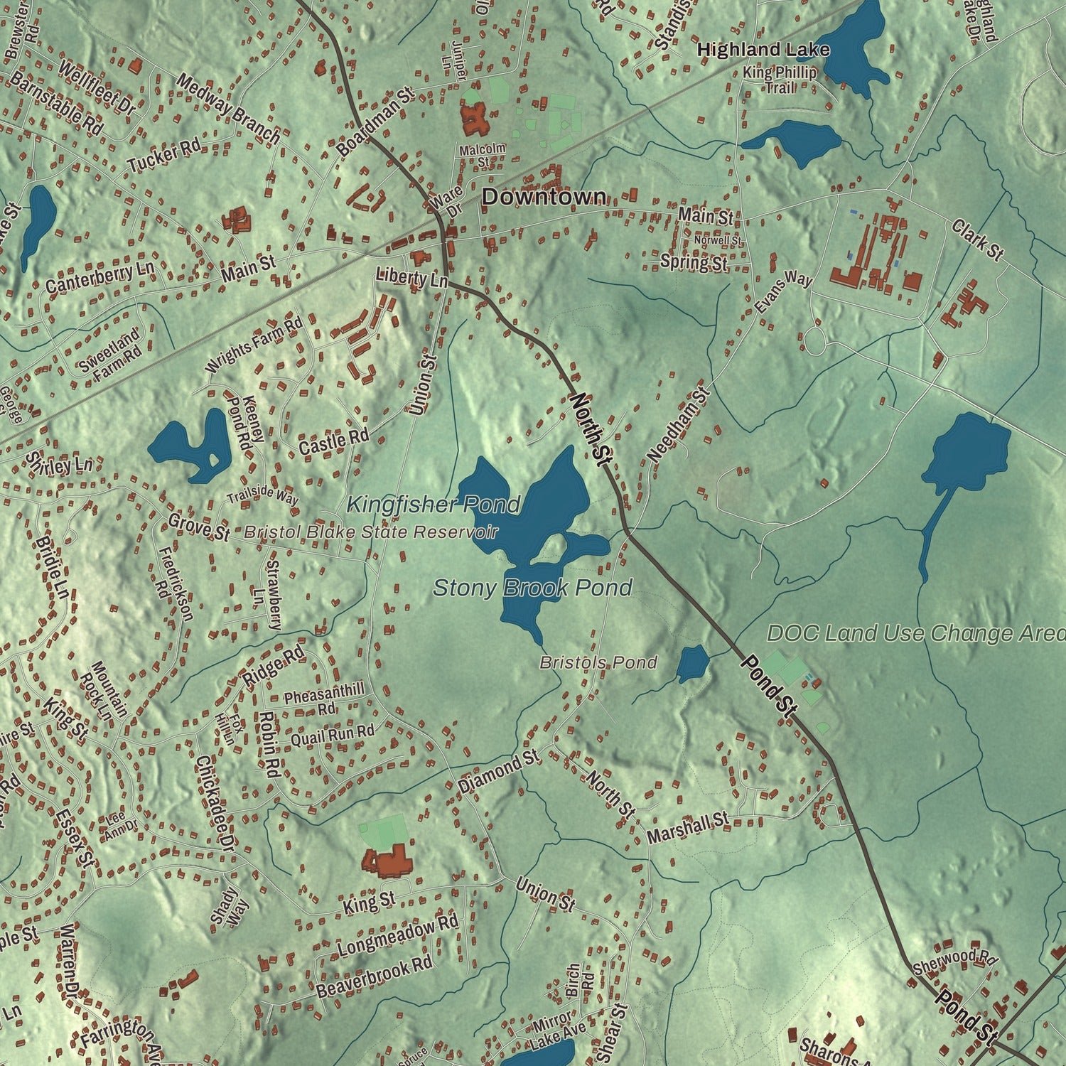 Close-up of the map of Norfolk, Massachusetts print showing terrain and local geography