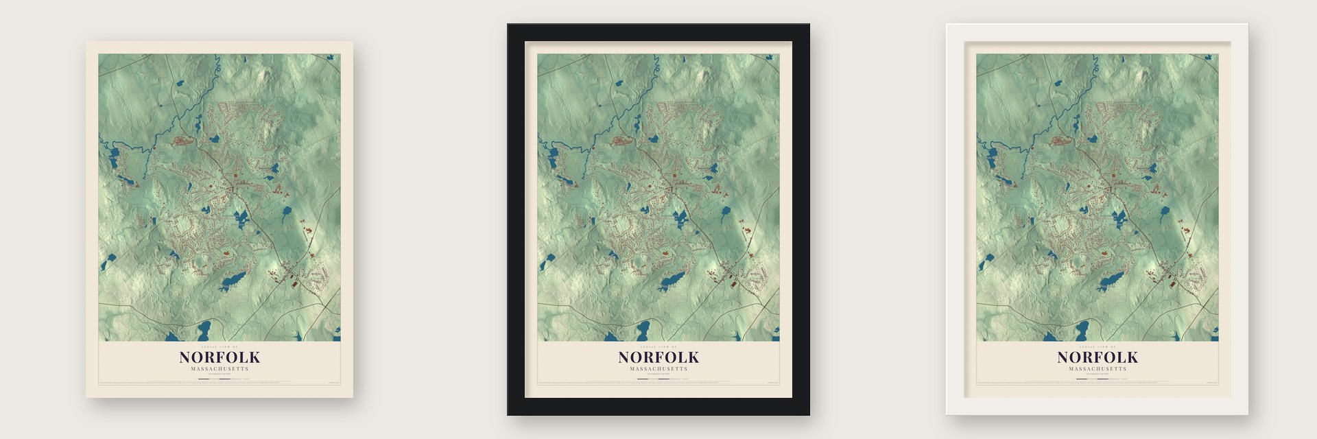 Norfolk, Massachusetts map unframed, in a black wood frame and in a white wood frame