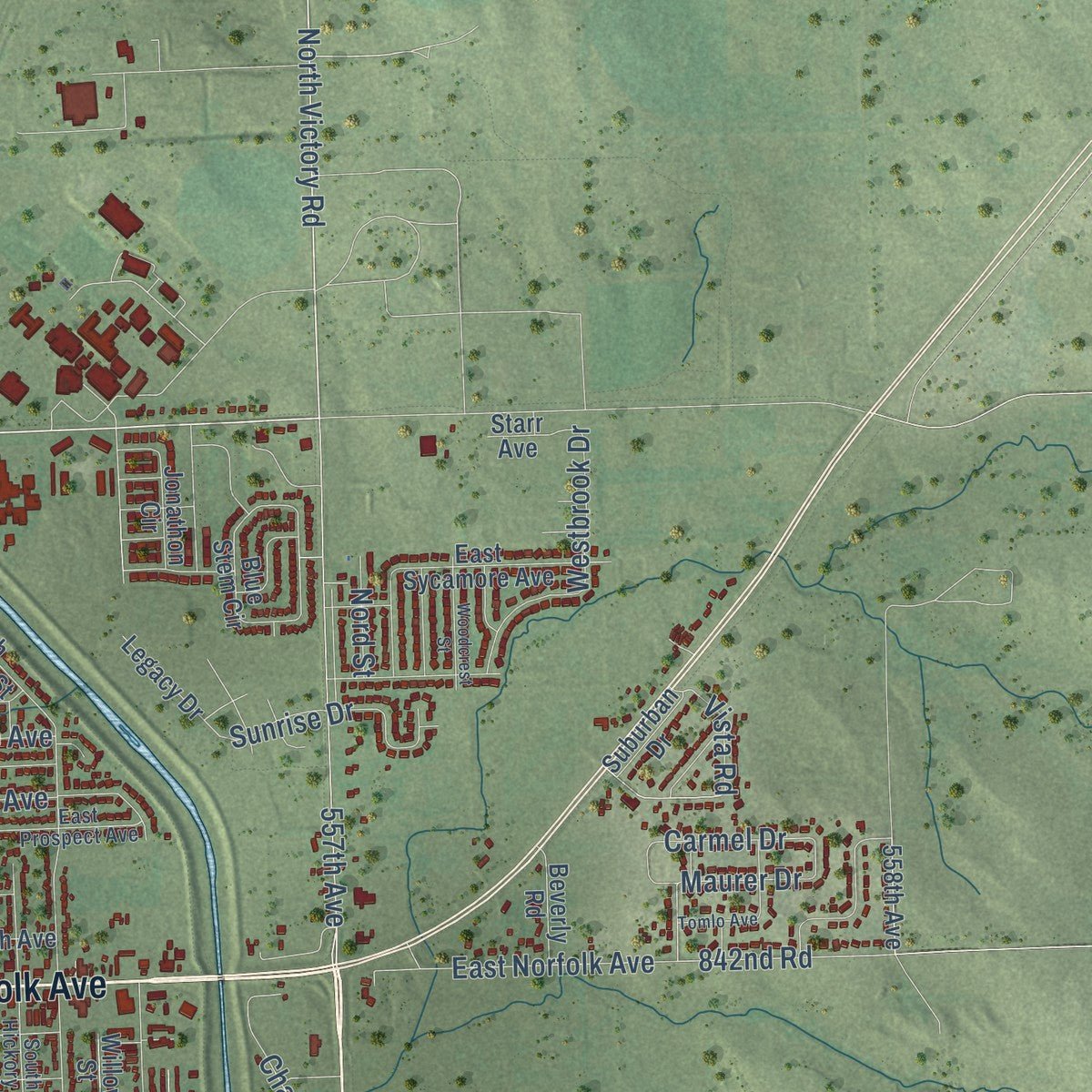 Second close-up of the map of Norfolk, Nebraska print showing more streets and buildings