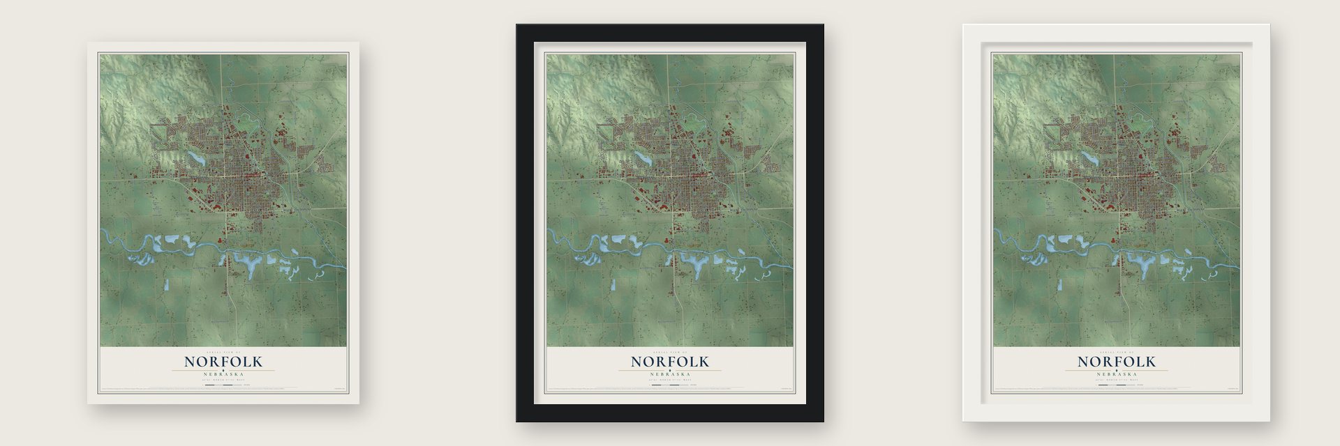Norfolk, Nebraska map unframed, in a black wood frame and in a white wood frame
