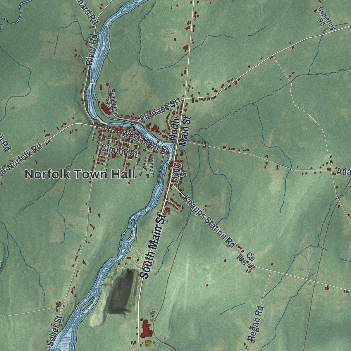 Second close-up of the map of Norfolk, New York print showing more streets and buildings