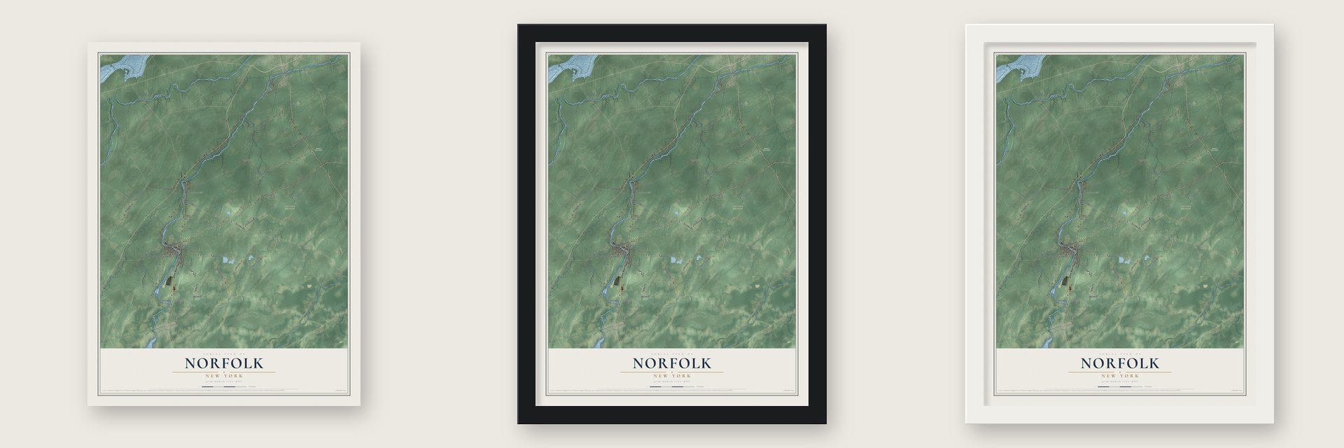 Norfolk, New York map unframed, in a black wood frame and in a white wood frame