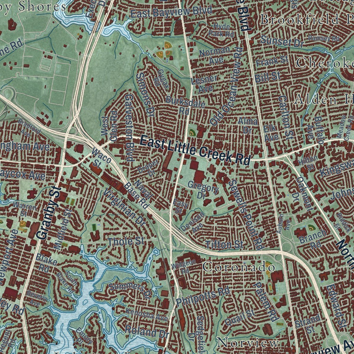 Second close-up of the map of Norfolk, Virginia print showing more streets and buildings