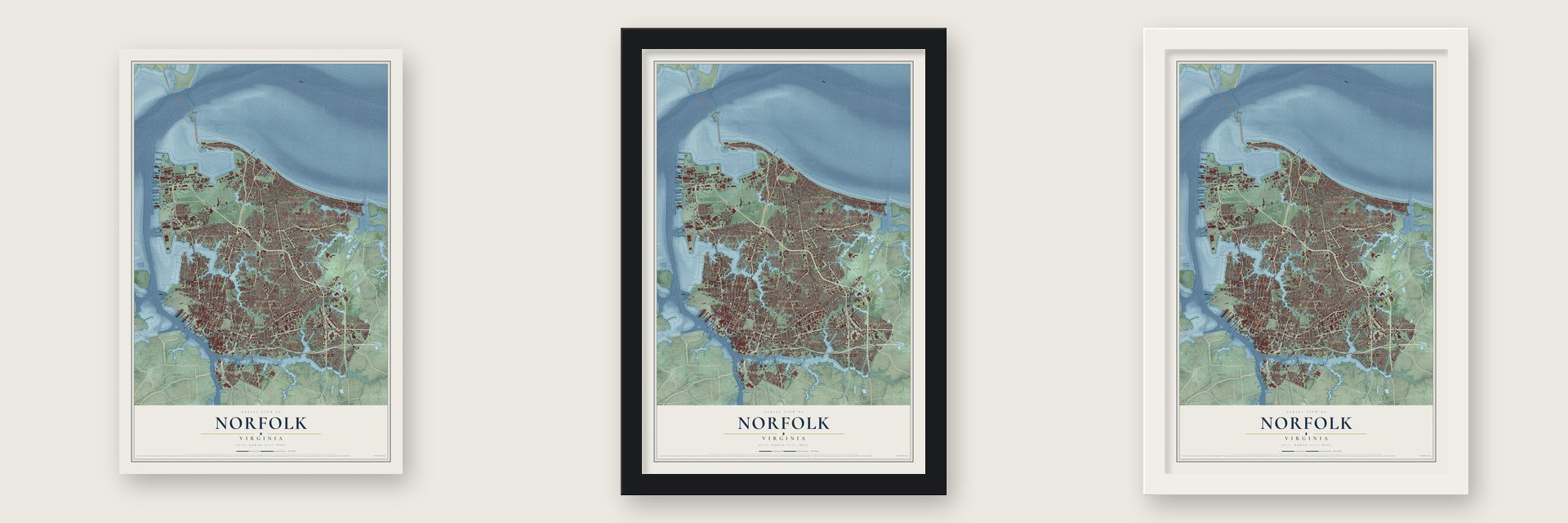 Norfolk, Virginia map unframed, in a black wood frame and in a white wood frame