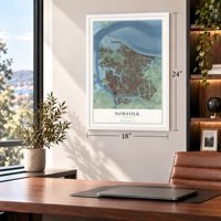 Norfolk, Virginia map, 18 x 24 inch print in a white frame in a home office