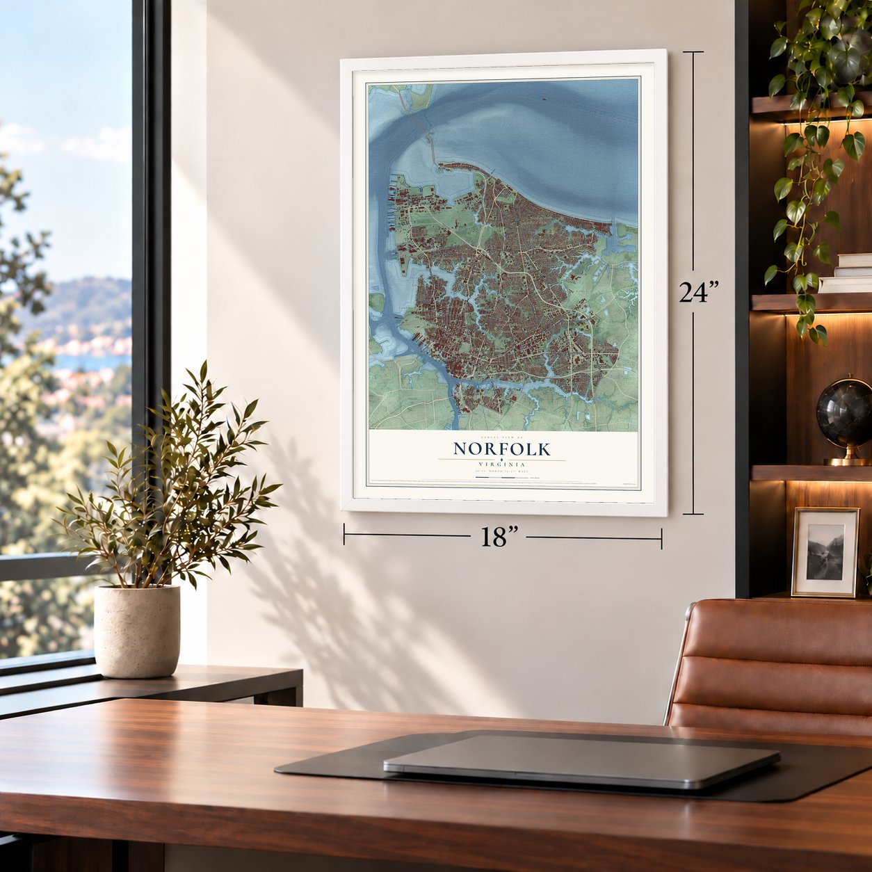 Norfolk, Virginia map, 18 x 24 inch print in a white frame in a home office