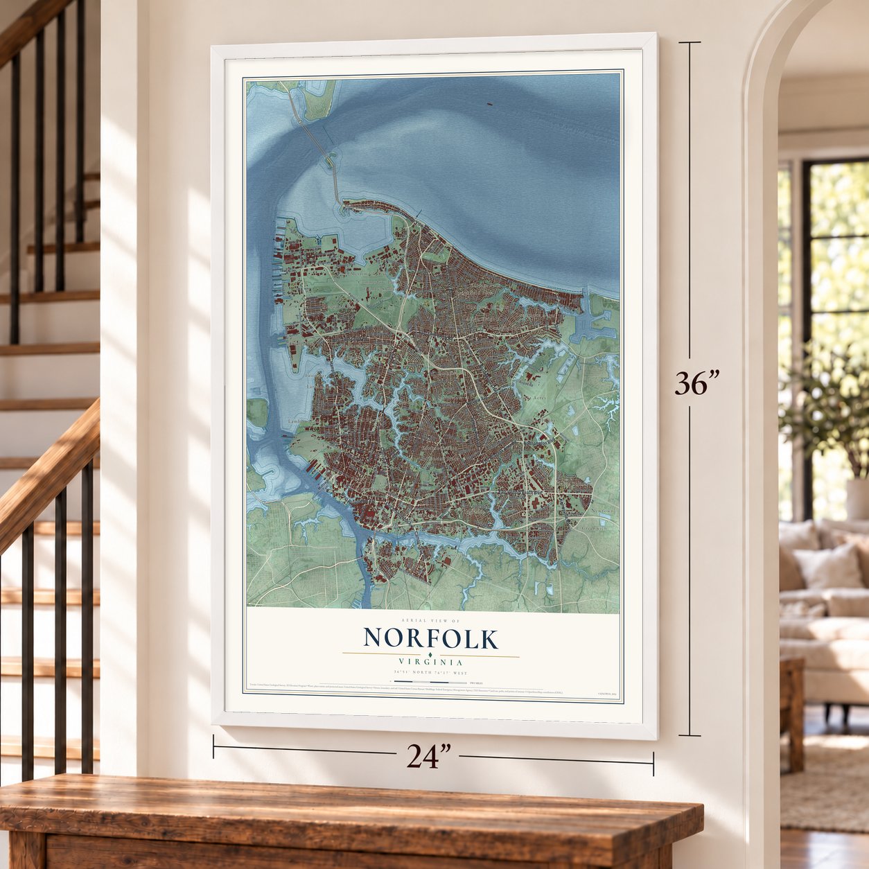 Norfolk, Virginia map, 24 x 36 inch print in a white frame by a staircase
