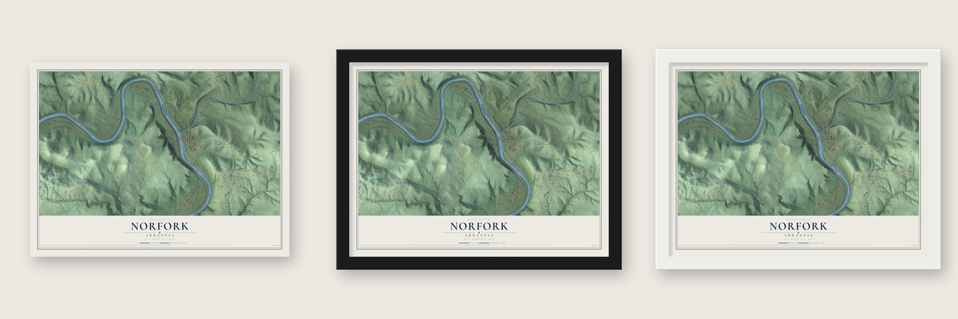 Norfork, Arkansas map unframed, in a black wood frame and in a white wood frame