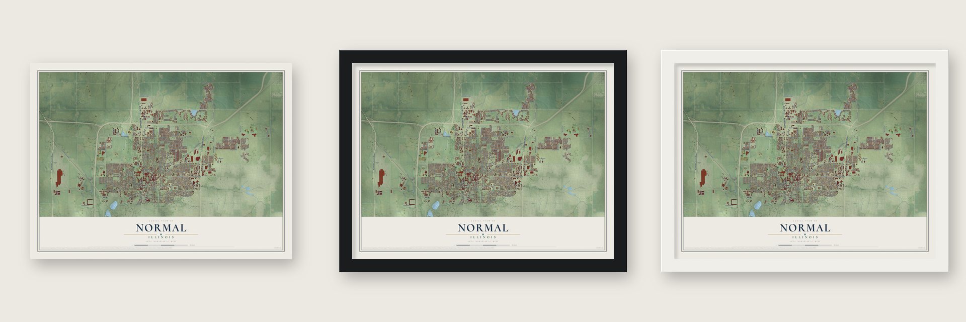 Normal, Illinois map unframed, in a black wood frame and in a white wood frame