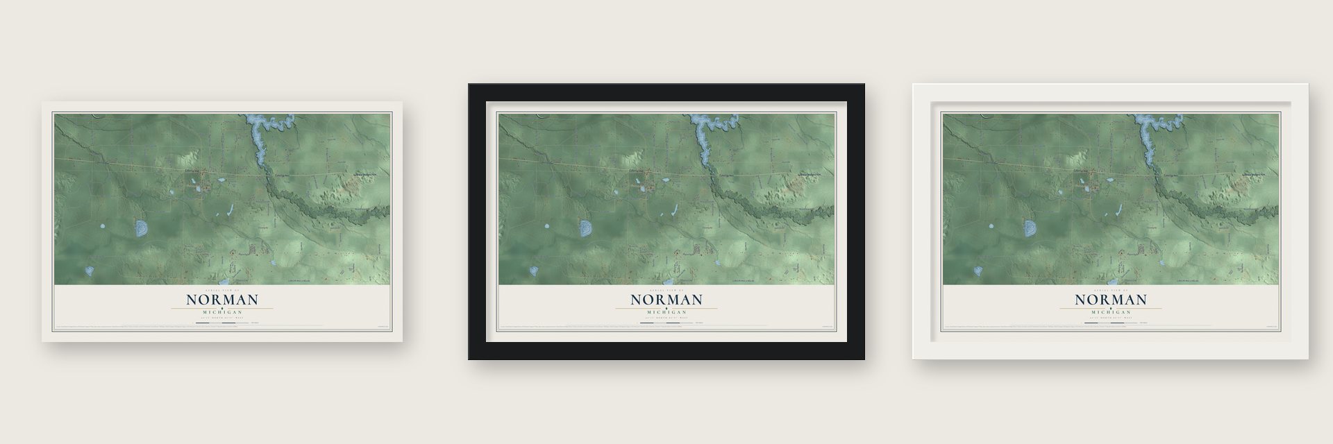 Norman, Michigan map unframed, in a black wood frame and in a white wood frame