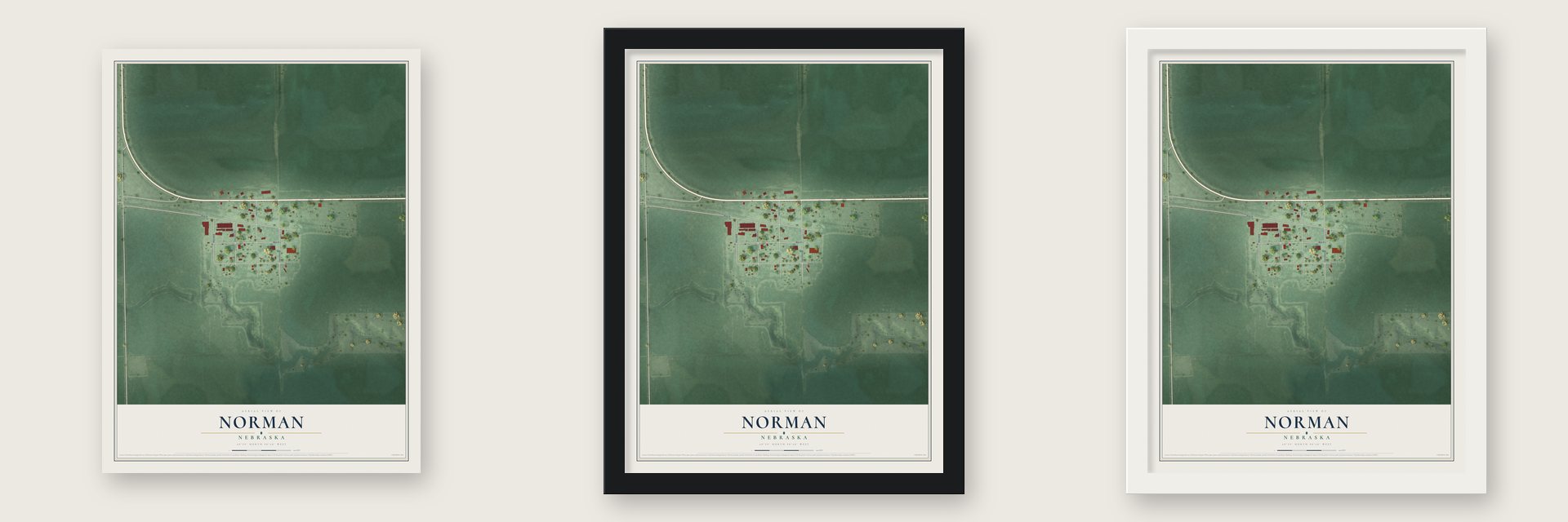Norman, Nebraska map unframed, in a black wood frame and in a white wood frame