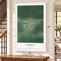 Norman, Nebraska map, 24 x 36 inch print in a white frame by a staircase