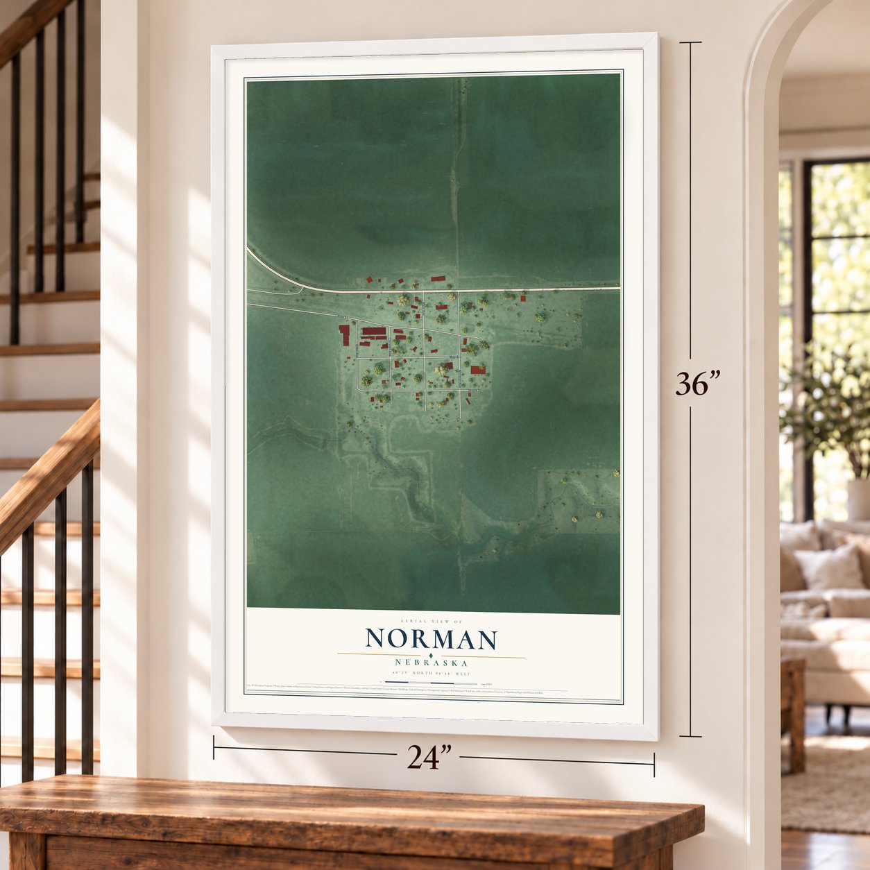 Norman, Nebraska map, 24 x 36 inch print in a white frame by a staircase