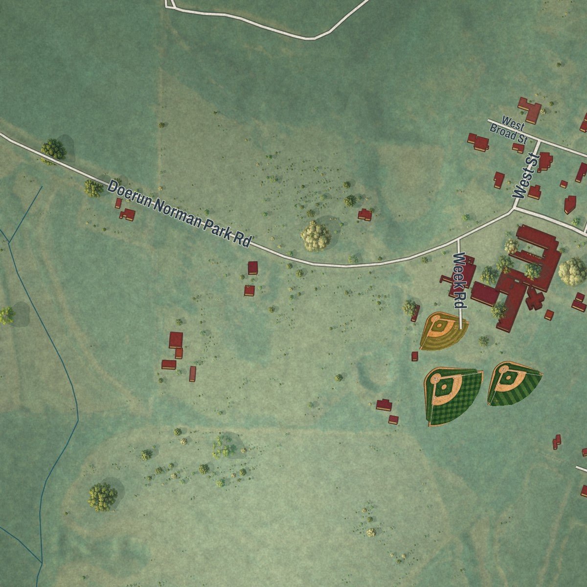 Second close-up of the map of Norman Park, Georgia print showing more streets and buildings