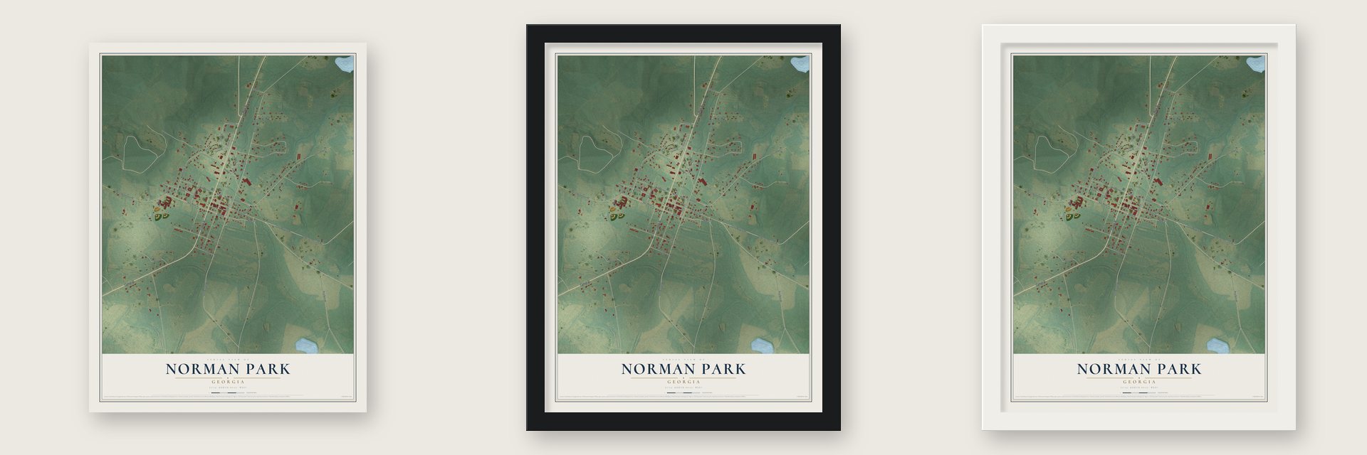 Norman Park, Georgia map unframed, in a black wood frame and in a white wood frame
