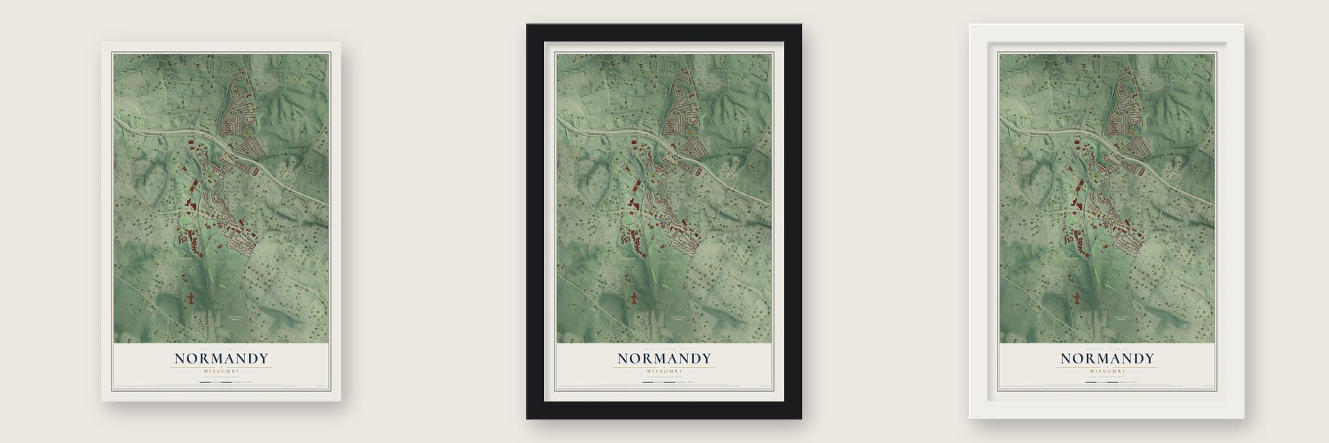 Normandy, Missouri map unframed, in a black wood frame and in a white wood frame
