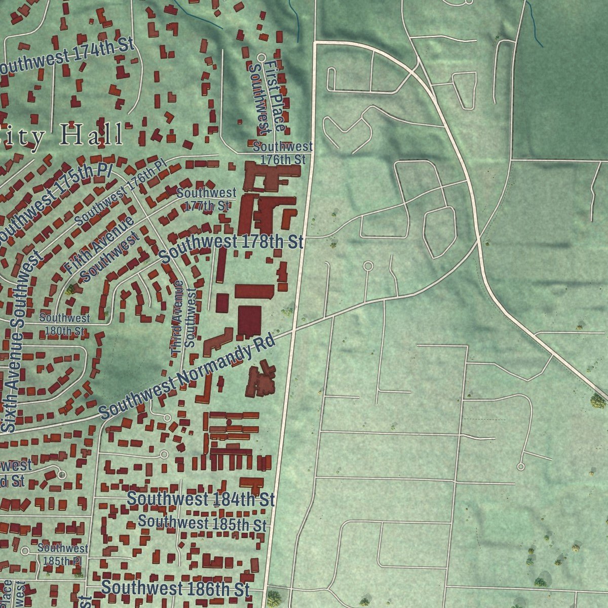 Second close-up of the map of Normandy Park, Washington print showing more streets and buildings