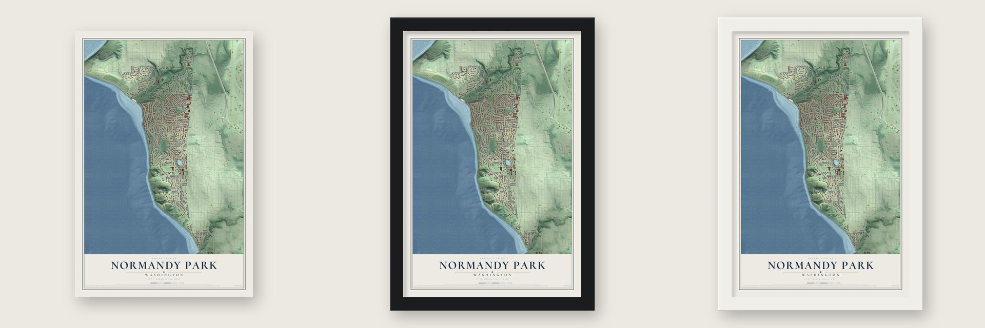 Normandy Park, Washington map unframed, in a black wood frame and in a white wood frame
