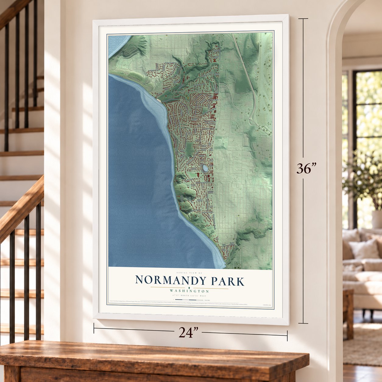 Normandy Park, Washington map, 24 x 36 inch print in a white frame by a staircase