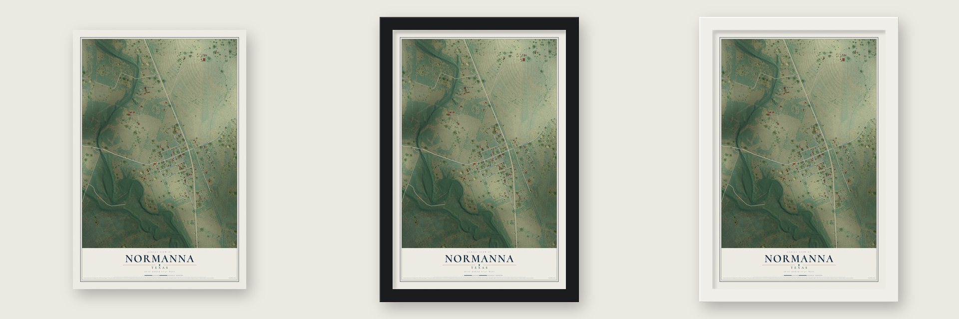Normanna, Texas map unframed, in a black wood frame and in a white wood frame