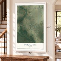 Normanna, Texas map, 24 x 36 inch print in a white frame by a staircase