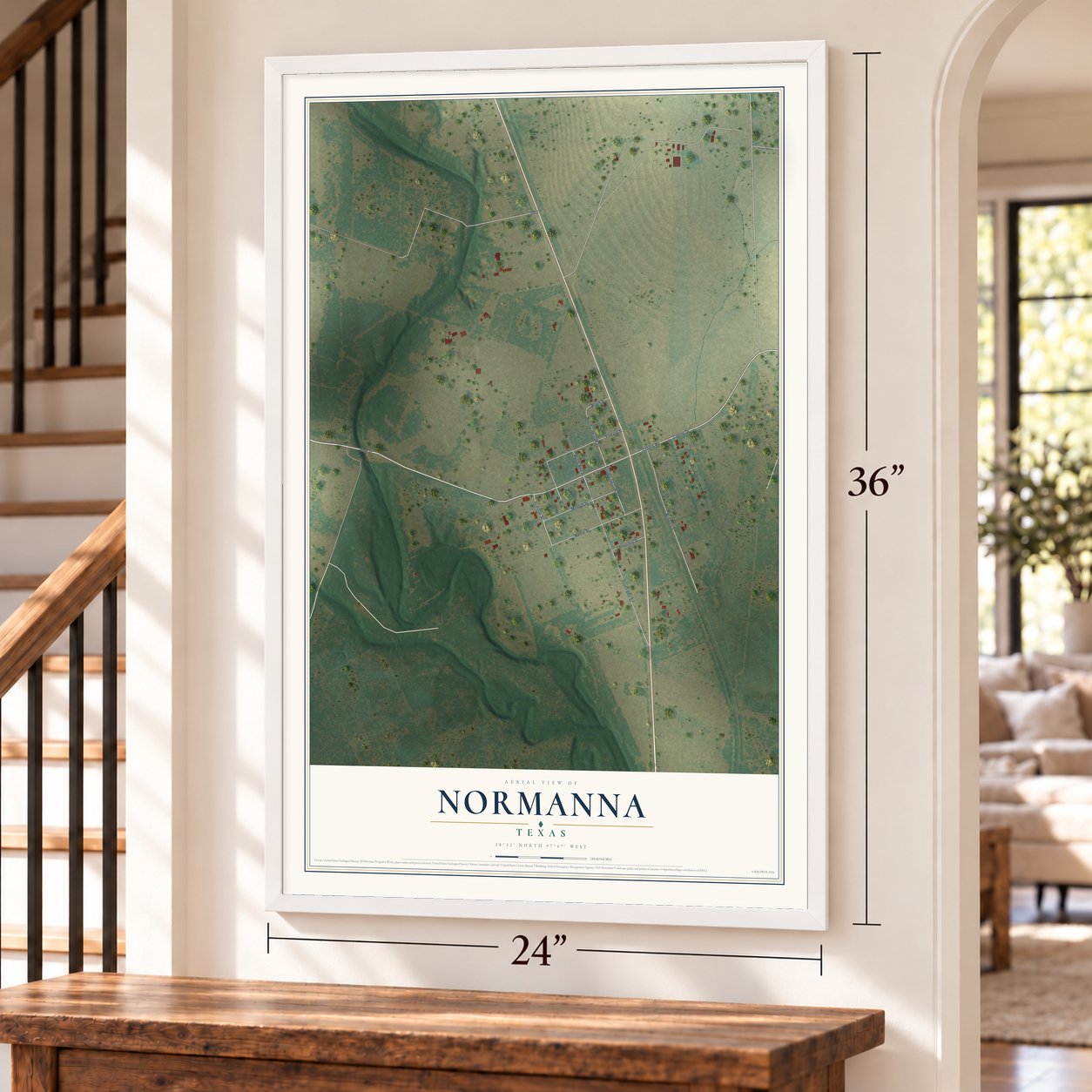 Normanna, Texas map, 24 x 36 inch print in a white frame by a staircase
