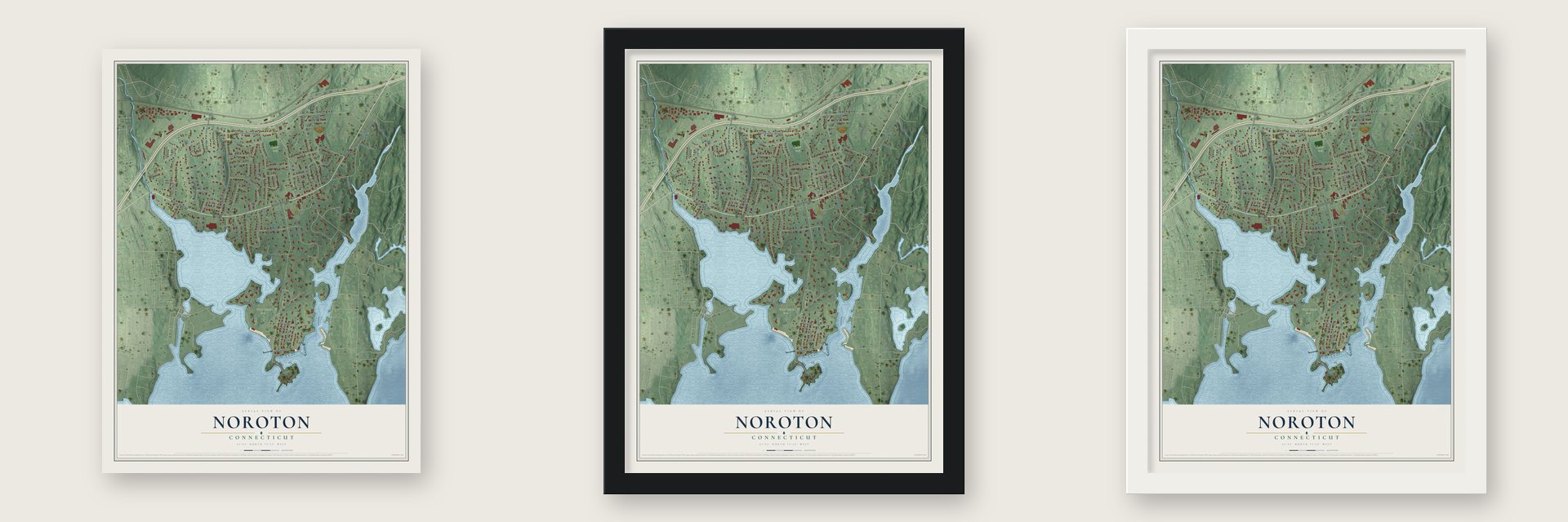 Noroton, Connecticut map unframed, in a black wood frame and in a white wood frame