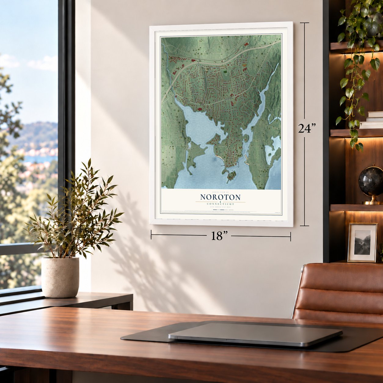 Noroton, Connecticut map, 18 x 24 inch print in a white frame in a home office