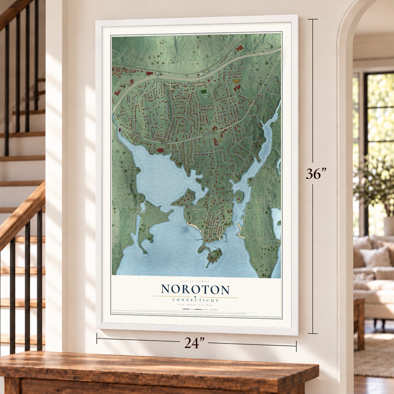 Noroton, Connecticut map, 24 x 36 inch print in a white frame by a staircase