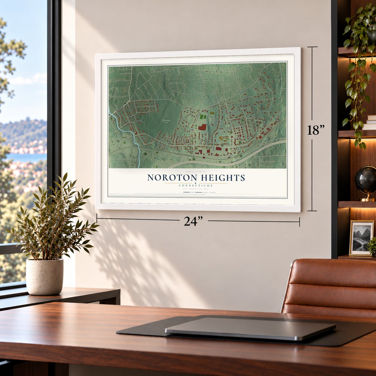 Noroton Heights, Connecticut map, 18 x 24 inch print in a white frame in a home office