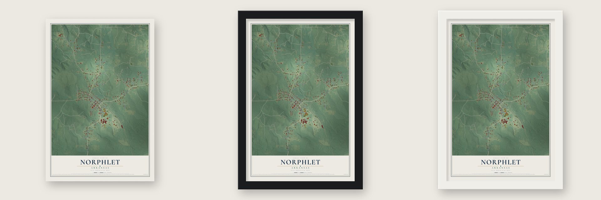 Norphlet, Arkansas map unframed, in a black wood frame and in a white wood frame