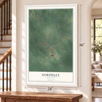 Norphlet, Arkansas map, 24 x 36 inch print in a white frame by a staircase