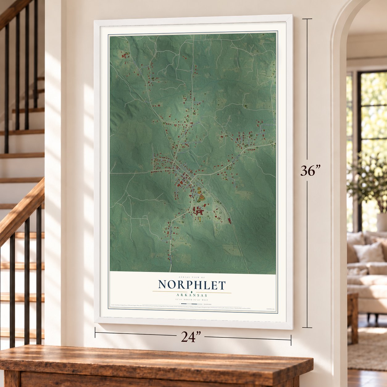 Norphlet, Arkansas map, 24 x 36 inch print in a white frame by a staircase