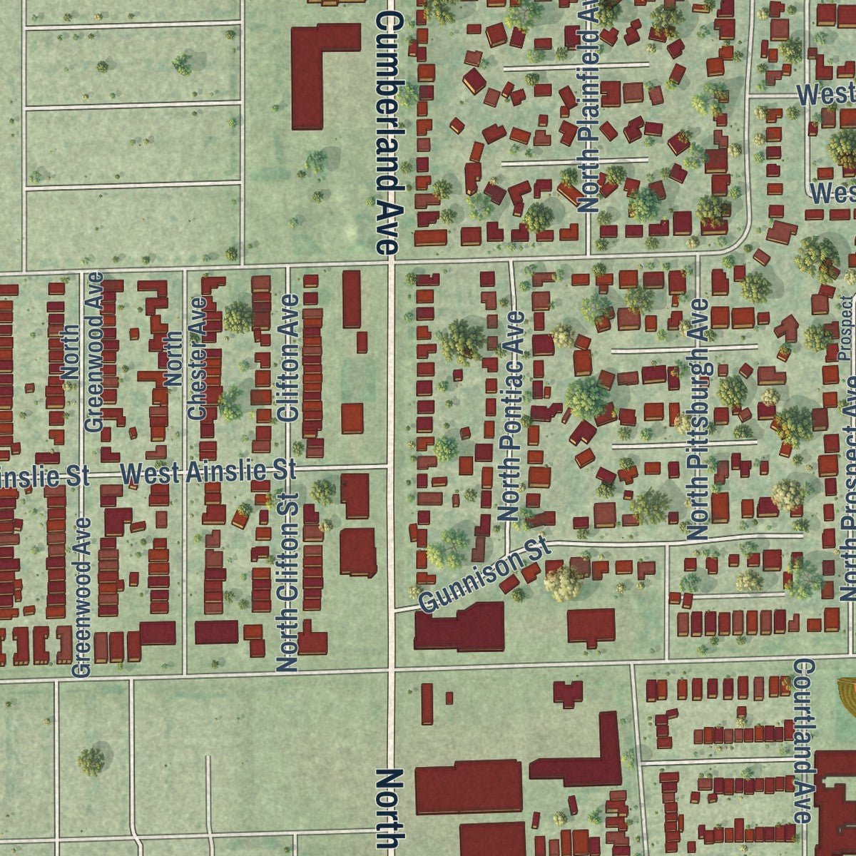 Second close-up of the map of Norridge, Illinois print showing more streets and buildings