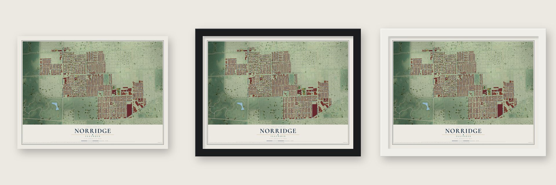 Norridge, Illinois map unframed, in a black wood frame and in a white wood frame