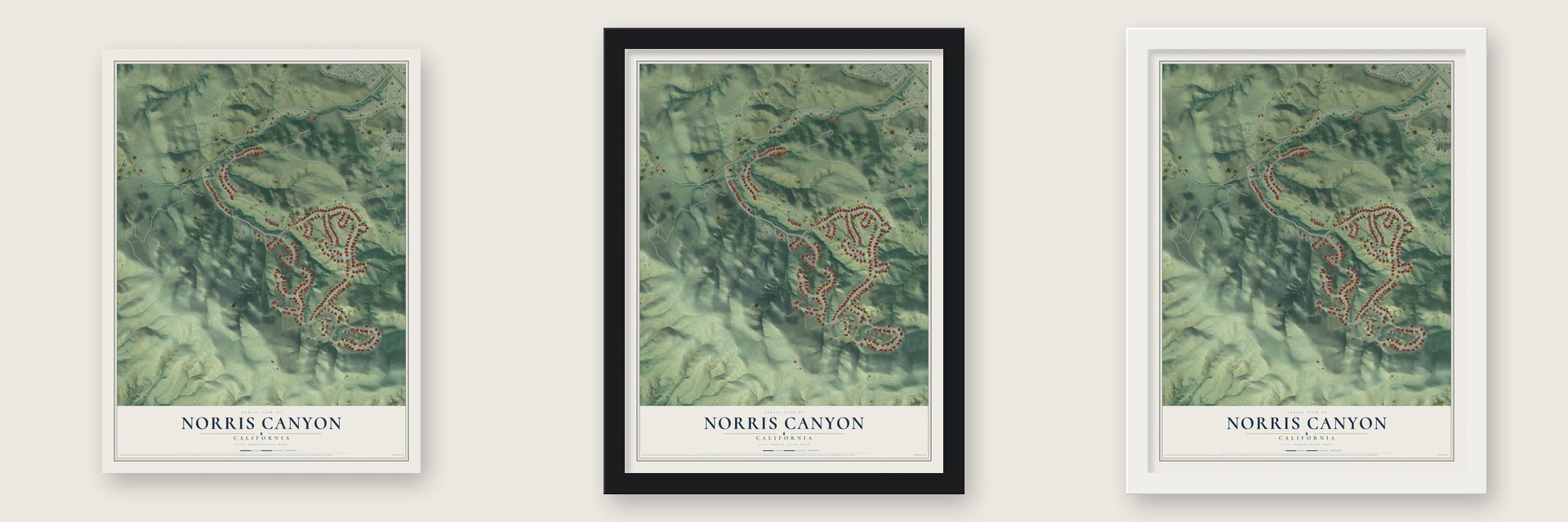 Norris Canyon, California map unframed, in a black wood frame and in a white wood frame