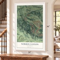 Norris Canyon, California map, 24 x 36 inch print in a white frame by a staircase