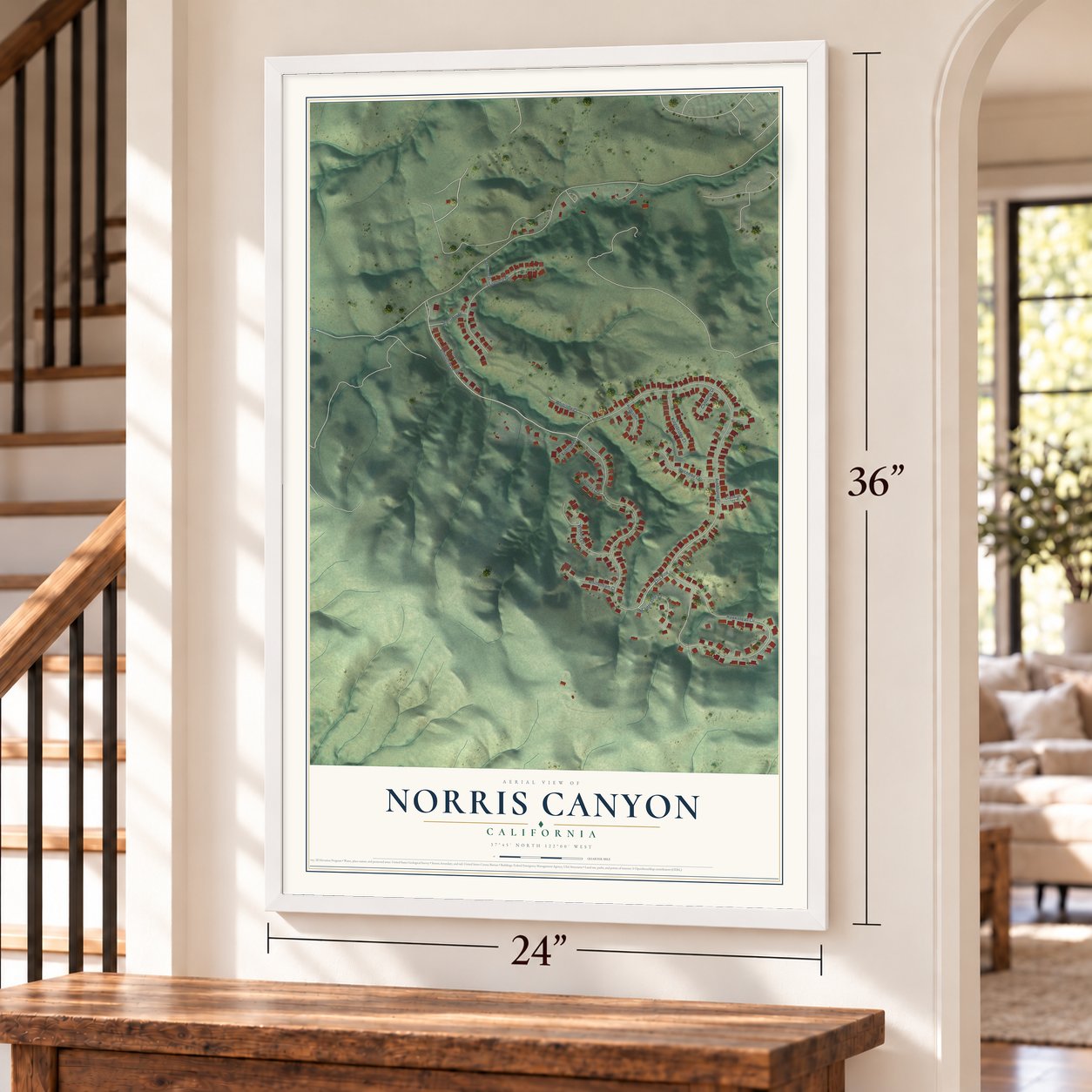 Norris Canyon, California map, 24 x 36 inch print in a white frame by a staircase