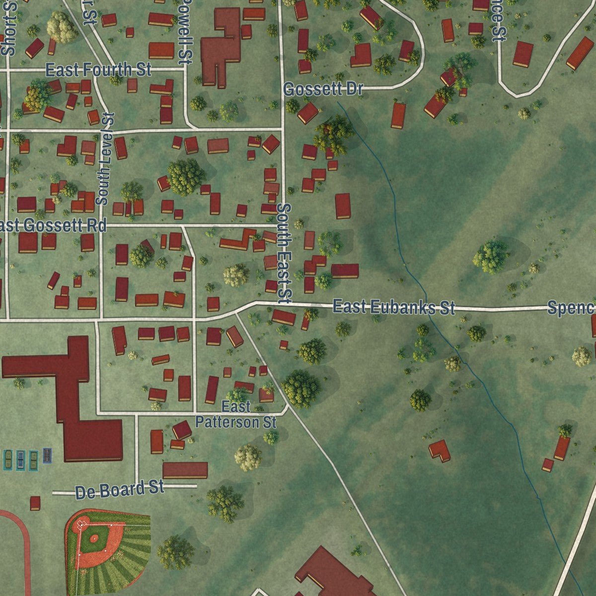 Second close-up of the map of Norris City, Illinois print showing more streets and buildings