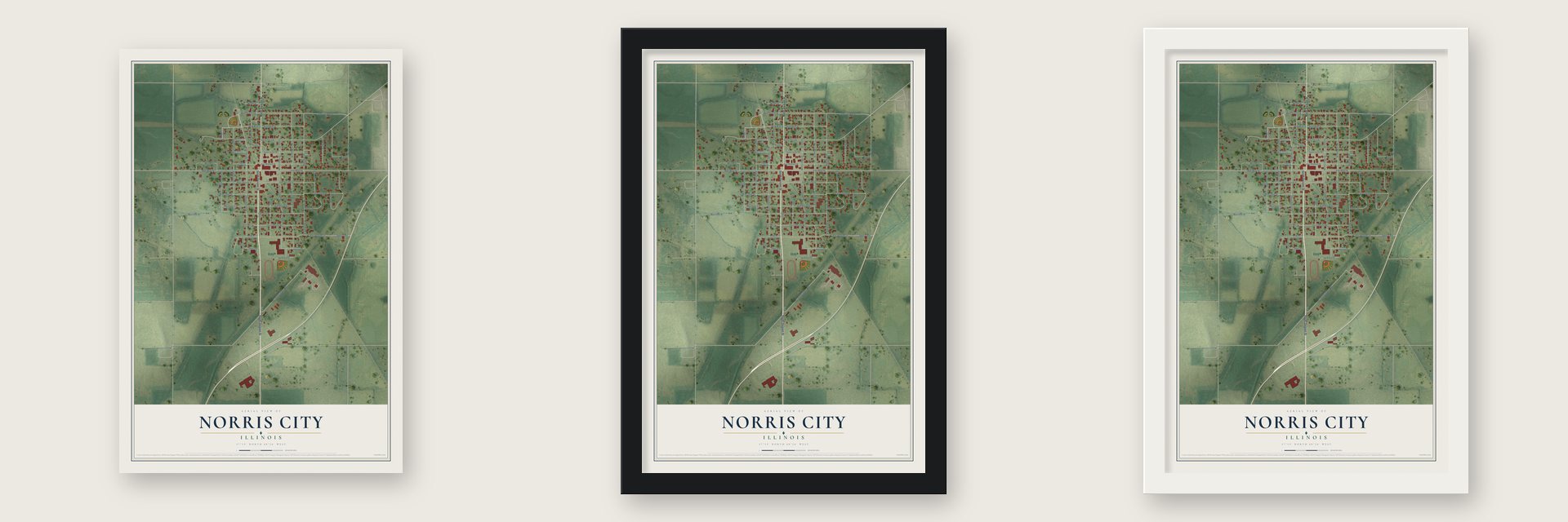 Norris City, Illinois map unframed, in a black wood frame and in a white wood frame