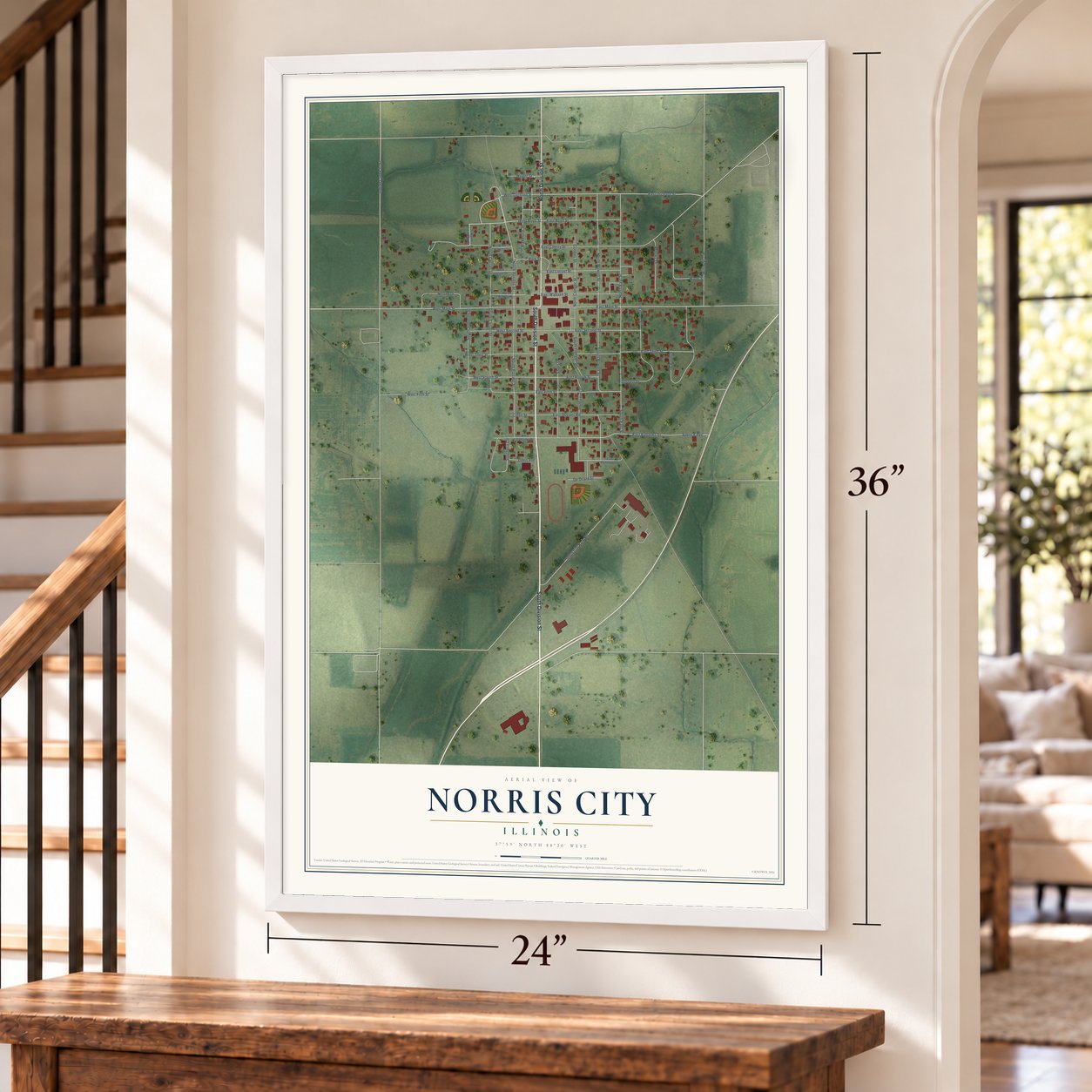 Norris City, Illinois map, 24 x 36 inch print in a white frame by a staircase