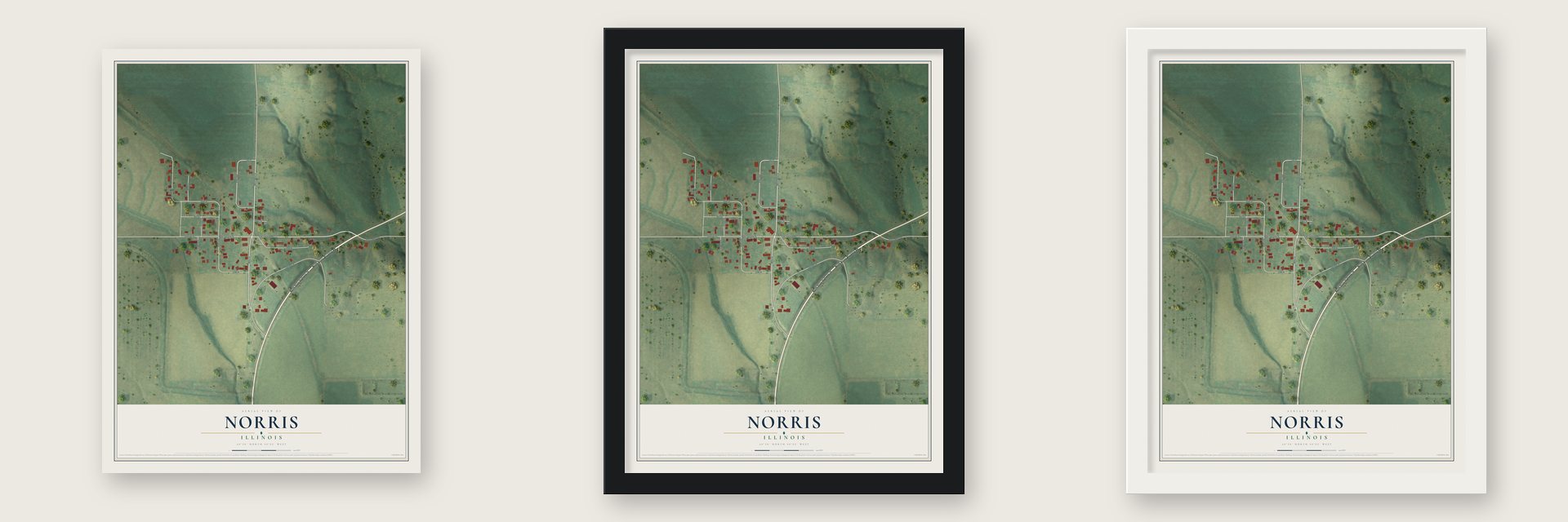 Norris, Illinois map unframed, in a black wood frame and in a white wood frame